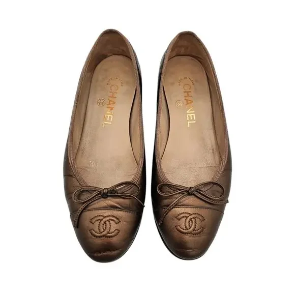 Chanel CC Cap Toe Ballet Flat Slipper Brown Bronze Leather Size 36.5 US 5.5 6 - Picture 2 of 11